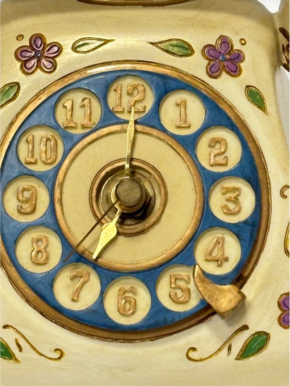 Clock Vintage Ceramic Rotary Phone Figurine with Floral Design and Blue Accents